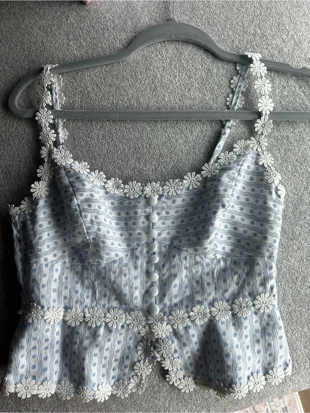 Reformation Blue and White Daisy-Trim Paisley Crop Cami